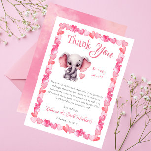 Tarjeta De Agradecimiento Baby Shower Chica de Elephant Pink Hearts