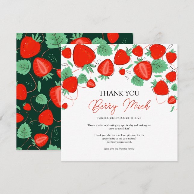 Tarjeta De Agradecimiento Baby Shower Chica de fresa dulce (Anverso / Reverso)