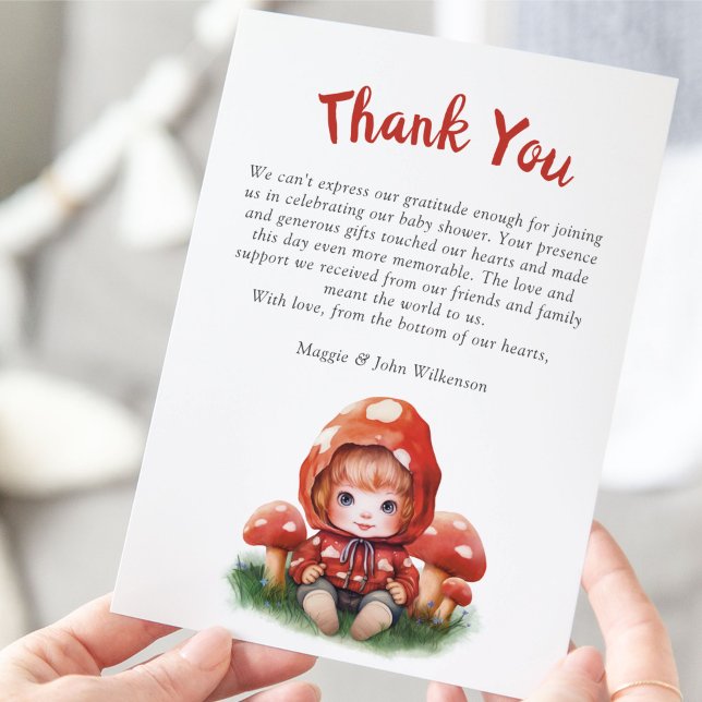 Tarjeta De Agradecimiento Baby Shower, Chica de hongos rojos, gracias (Subido por el creador)
