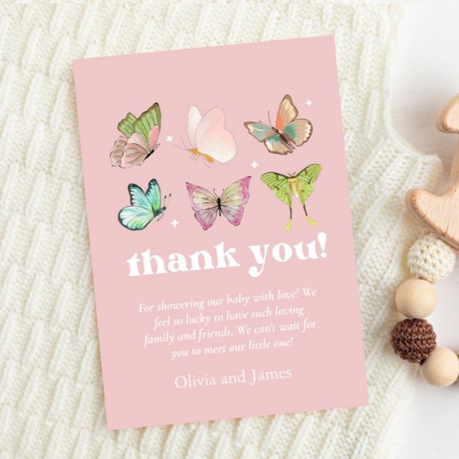 Tarjeta De Agradecimiento Baby Shower Chica de mariposa rosa púrpura pastel (butterfly baby shower, lavender purple pink watercolor flowers, girl, modern and unique, butterflies)