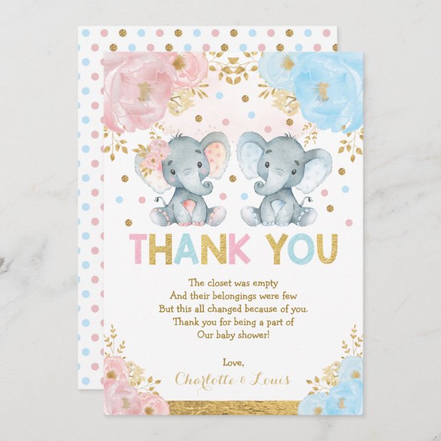 Tarjeta De Agradecimiento Baby Shower Chica elefante azul rosa (Anverso / Reverso)