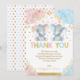 Tarjeta De Agradecimiento Baby Shower Chica elefante azul rosa