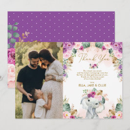 Tarjeta De Agradecimiento Baby Shower Chica elefante Rubor Pink Purple Flora