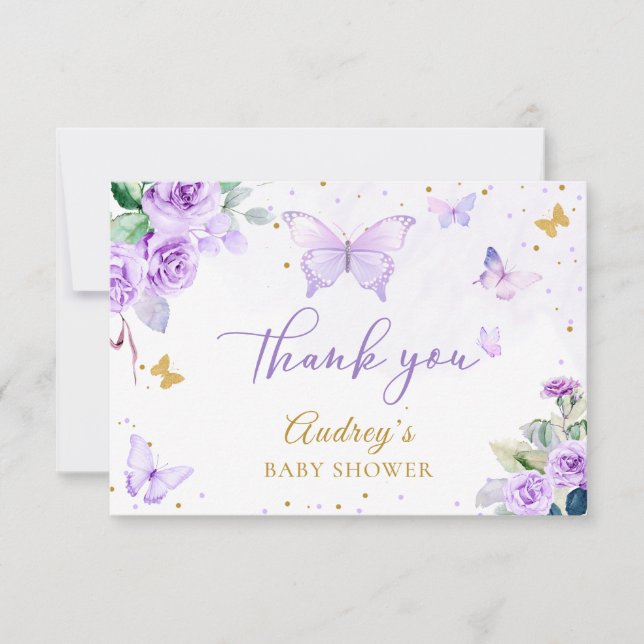 Tarjeta De Agradecimiento Baby Shower Chica floral Purple Gold Butterfly (Anverso)