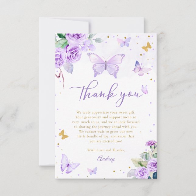 Tarjeta De Agradecimiento Baby Shower Chica floral Purple Gold Butterfly (Anverso)