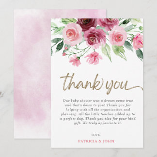 Tarjeta De Agradecimiento Baby Shower Chica floral rosa moderno de Borgoña