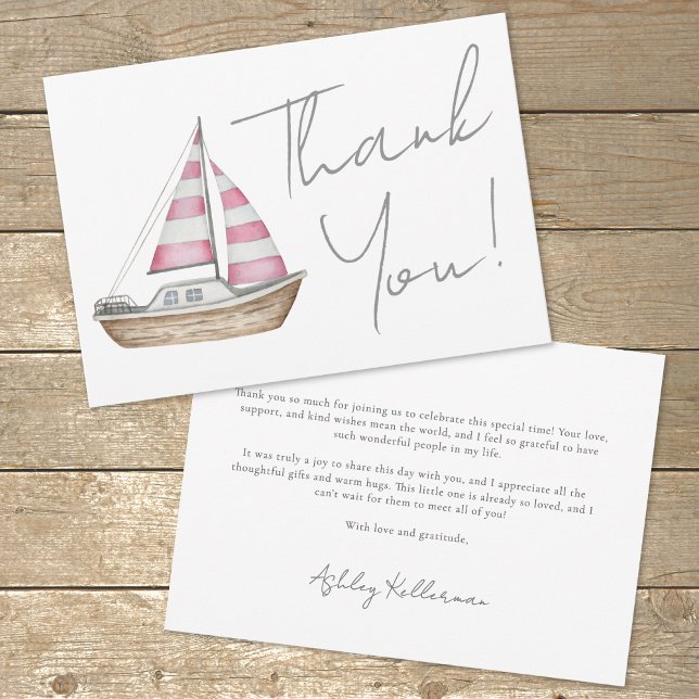 Tarjeta De Agradecimiento Baby Shower Chica Náutico Mínimo Rosa (Minimal Pink Nautical Girl Baby Shower Thank You Card)