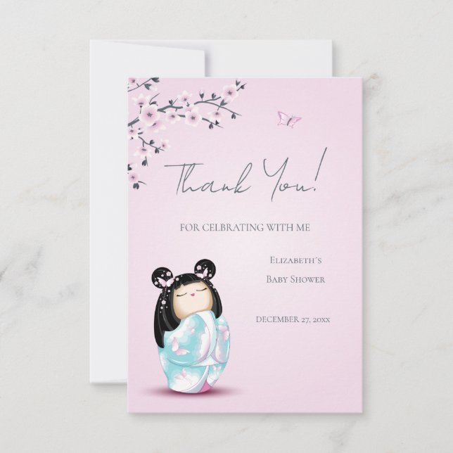Tarjeta De Agradecimiento Baby Shower Chica rosa de muñeca Kokeshi (Anverso)