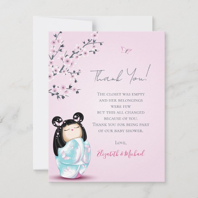 Tarjeta De Agradecimiento Baby Shower Chica rosa de muñeca Kokeshi (Anverso)