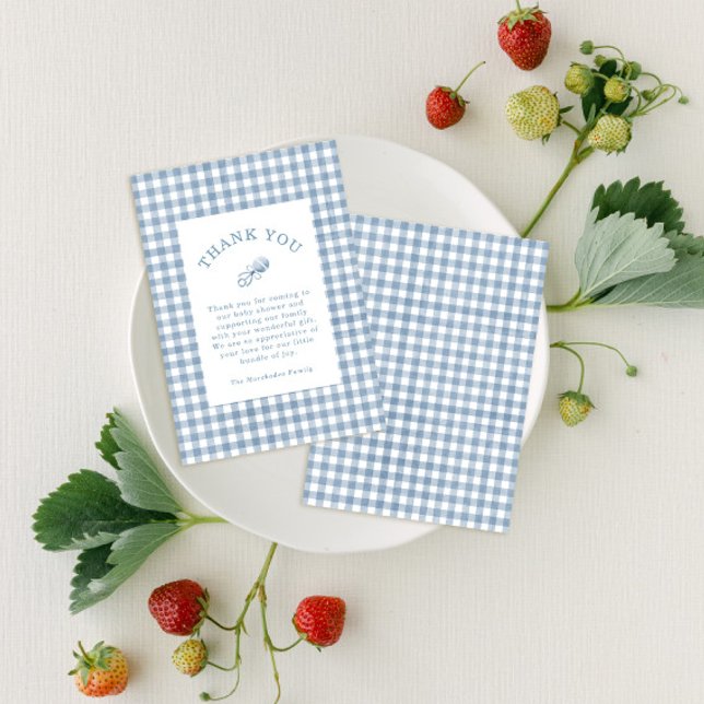 Tarjeta De Agradecimiento Baby Shower Classic Blue Gingham Rattle Boy (Subido por el creador)