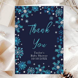 Tarjeta De Agradecimiento Baby Shower con copos de nieve azules y plateados