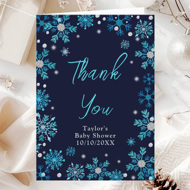 Tarjeta De Agradecimiento Baby Shower con copos de nieve azules y plateados (Subido por el creador)