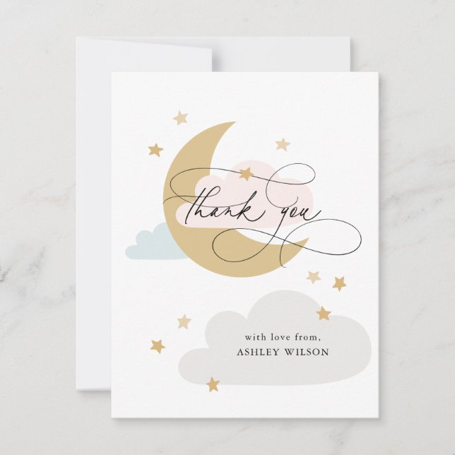 Tarjeta De Agradecimiento Baby Shower con escritura azul rosa Moon and Stars (Anverso)