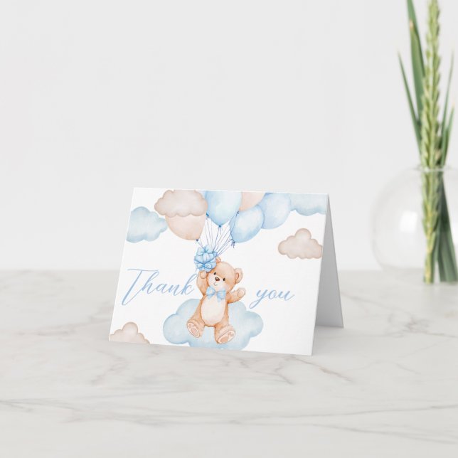 Tarjeta De Agradecimiento Baby Shower con globo Bear Bear Azul (Anverso)