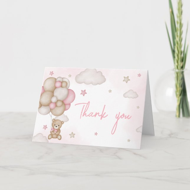 Tarjeta De Agradecimiento Baby Shower con globo de oso chica (Anverso)