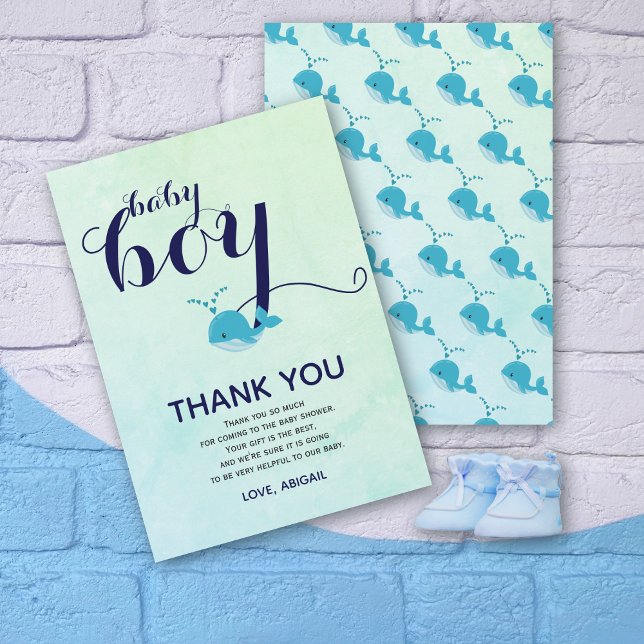 Tarjeta De Agradecimiento Baby Shower con temática oceánica de ballena azul (Subido por el creador)