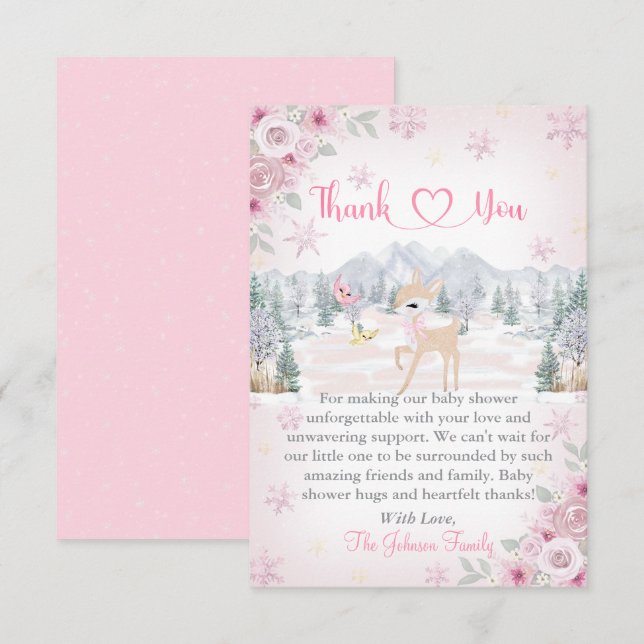 Tarjeta De Agradecimiento Baby Shower Copo de Nieve Rosa Ciervo de Invierno (Anverso / Reverso)