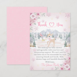 Tarjeta De Agradecimiento Baby Shower Copo de Nieve Rosa Ciervo de Invierno