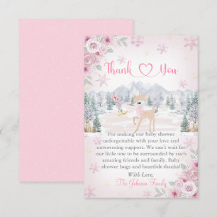 Tarjeta De Agradecimiento Baby Shower Copo de Nieve Rosa Ciervo de Invierno