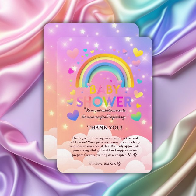 Tarjeta De Agradecimiento Baby Shower Corazones Caprichosos y Arcoíris (Subido por el creador)