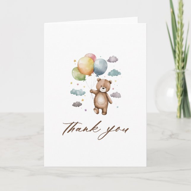 Tarjeta De Agradecimiento Baby Shower Cute Bear y Balloons (Anverso)