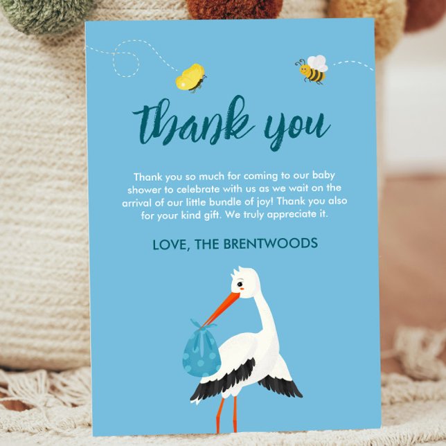 Tarjeta De Agradecimiento Baby Shower Cute Blue Stork (Blue Thank you card template for baby shower or baby sprinkle with stork, bees and butterflies)