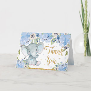 Tarjeta De Agradecimiento Baby Shower Cute Elephant Blue Floral