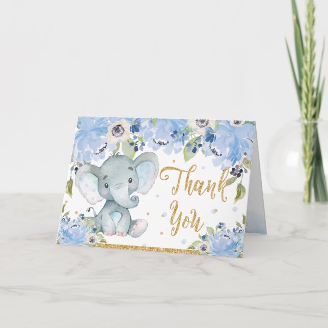 Tarjeta De Agradecimiento Baby Shower Cute Elephant Blue Floral (Anverso)