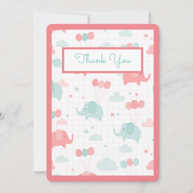 Tarjeta De Agradecimiento Baby Shower Cute Pink Elephant (Anverso)