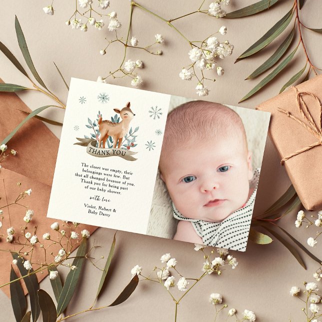 Tarjeta De Agradecimiento Baby Shower Cute Winter Deer (Subido por el creador)