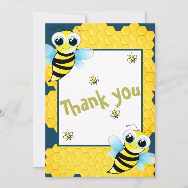 Tarjeta De Agradecimiento Baby Shower de Abejas Azules de Oro Cute (Anverso)