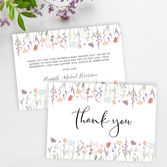 Tarjeta De Agradecimiento Baby Shower de acuarela de flores silvestres (Subido por el creador)