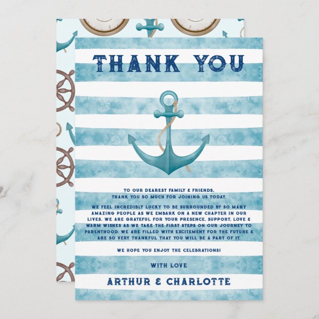 Tarjeta De Agradecimiento Baby Shower de acuarela de marinero azul lindo (Anverso / Reverso)