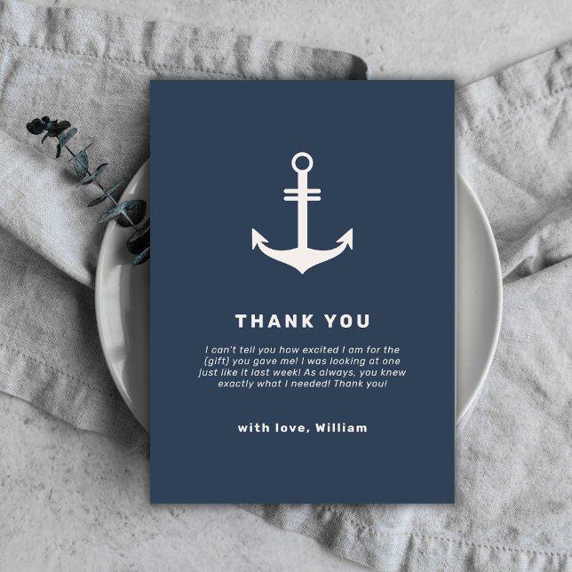 Tarjeta De Agradecimiento Baby Shower de anclaje náutico azul marino beige (Navy Blue Beige Nautical Anchor Baby Shower Thank You Card)