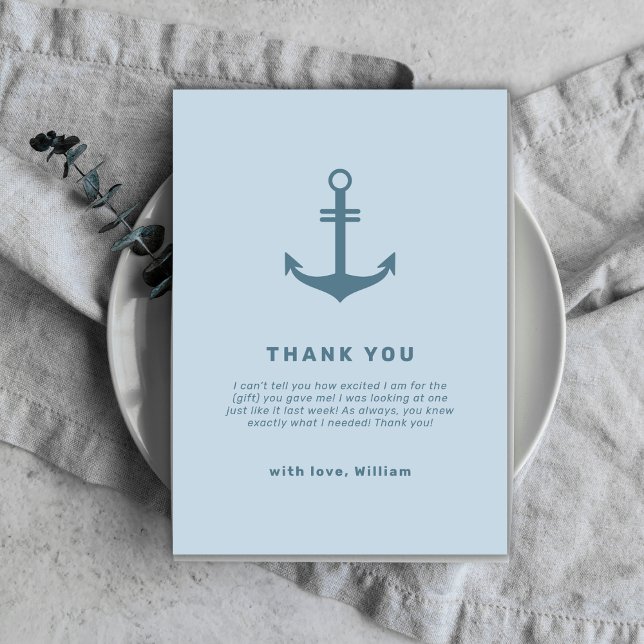 Tarjeta De Agradecimiento Baby Shower de Anclaje Náutico Elegante Azul Claro (Light Blue Elegant Nautical Anchor Baby Shower Thank You Card)
