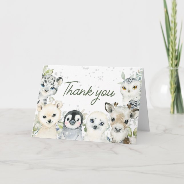 Tarjeta De Agradecimiento Baby Shower de Animales Árticos de Invierno (Anverso)