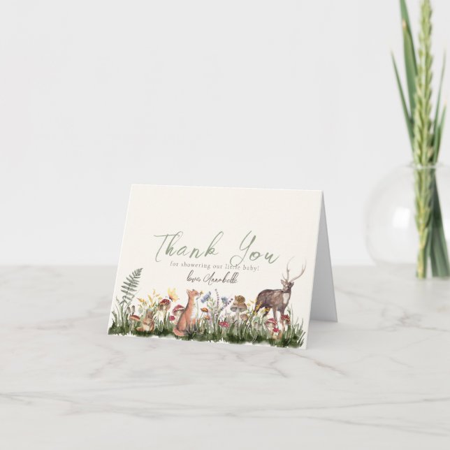 Tarjeta De Agradecimiento Baby Shower de animales boscosos encantados (Anverso)