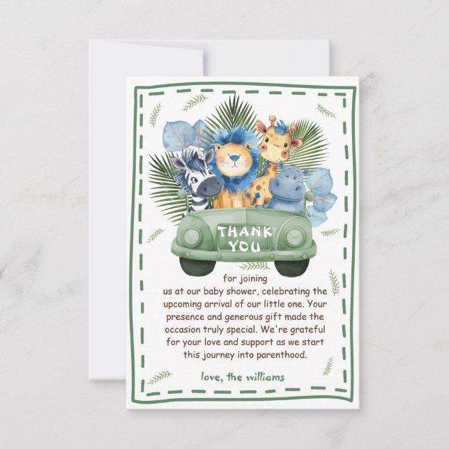 Tarjeta De Agradecimiento Baby Shower de Animales de Safari (Anverso)
