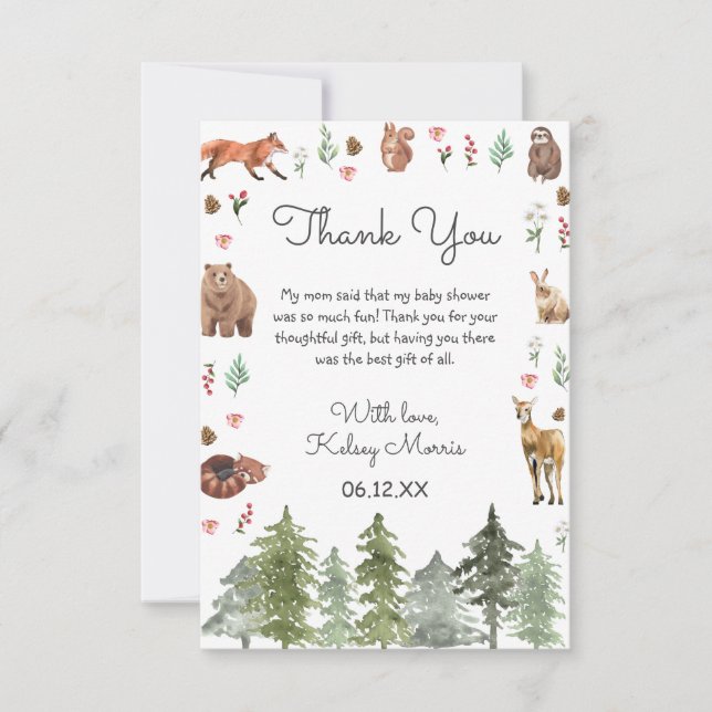 Tarjeta De Agradecimiento Baby Shower de animales del bosque de Woodland Wat (Anverso)
