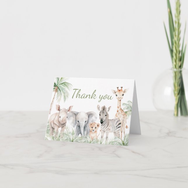 Tarjeta De Agradecimiento Baby Shower de animales salvajes de Safari Jungle  (Anverso)