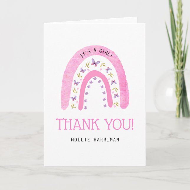 Tarjeta De Agradecimiento Baby Shower de arcoiris rosado lindo boho (Anverso)