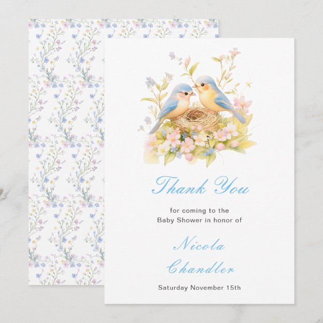 Tarjeta De Agradecimiento Baby Shower de aves de primavera (Anverso / Reverso)