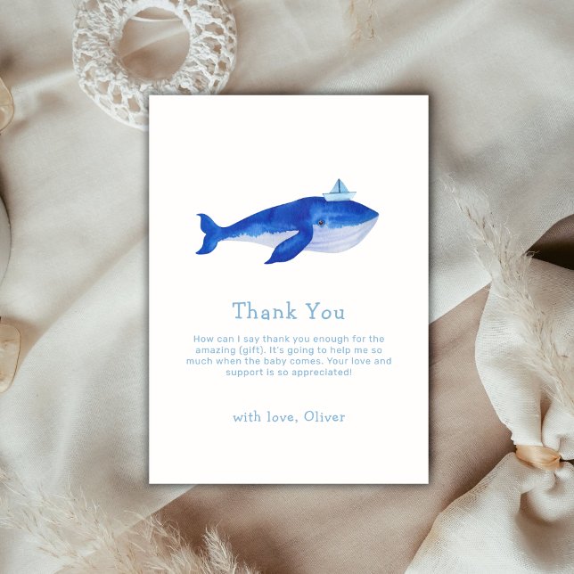 Tarjeta De Agradecimiento Baby Shower De Ballenas Azules Sencillas Bajo El M (Blue Simple Under The Sea Whale Baby Shower Thank You Card)