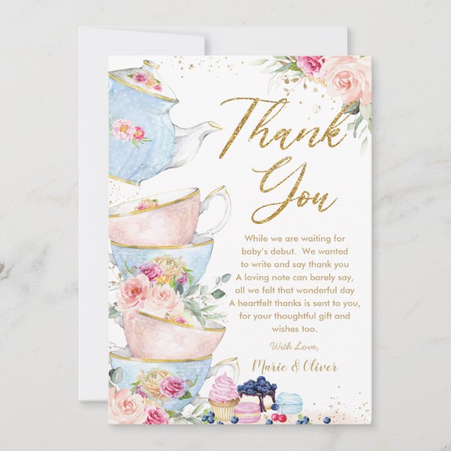 Tarjeta De Agradecimiento Baby Shower de Bautizo Floral Rosa Sonrojo Fiesta  (Anverso)