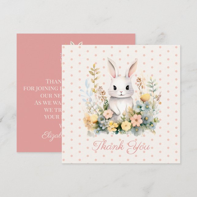 Tarjeta De Agradecimiento Baby Shower de bebe Girl Pink Rabbit y Flores (Anverso / Reverso)