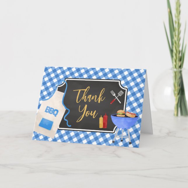 Tarjeta De Agradecimiento Baby Shower de Blue Gingham BBQ (Anverso)