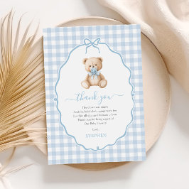 Tarjeta De Agradecimiento Baby Shower de Blue Gingham Teddy Bear