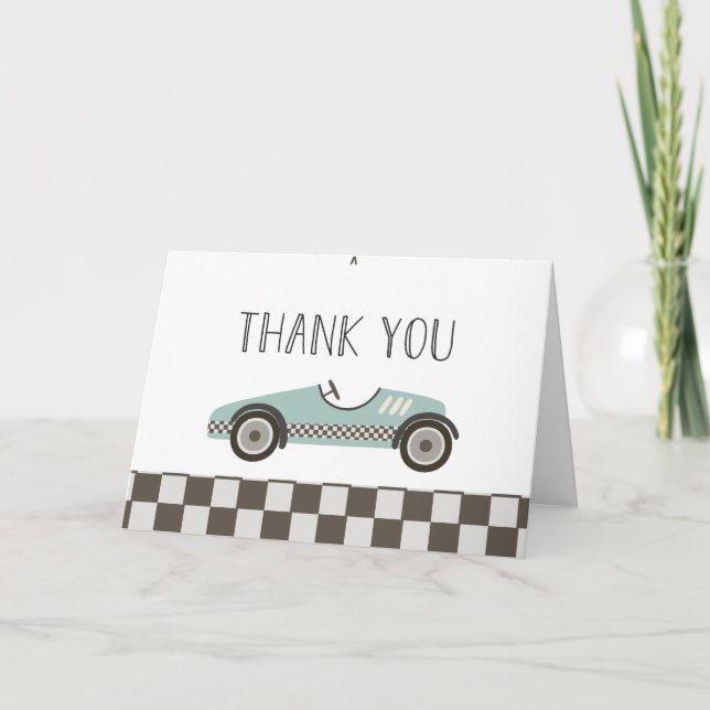 Tarjeta De Agradecimiento Baby Shower de blue Race Car (Anverso)