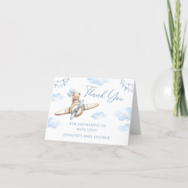 Tarjeta De Agradecimiento Baby Shower De Bow De Oso De Teddy De Avión Azul