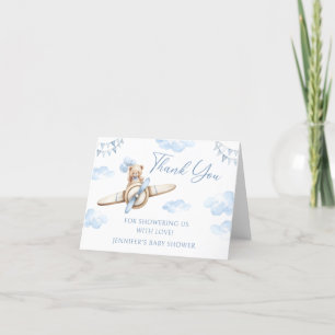 Tarjeta De Agradecimiento Baby Shower De Bow De Oso De Teddy De Avión Azul